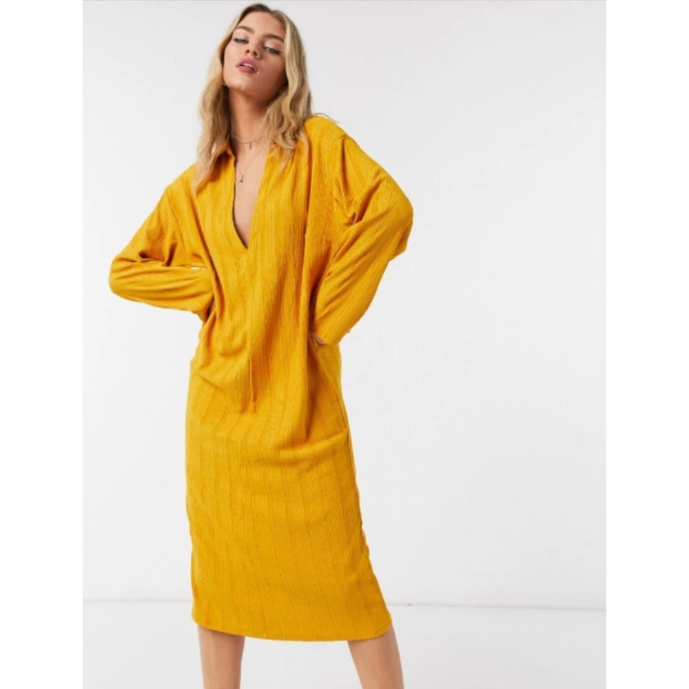 Free People FP Beach Dress Womens XS Yellow‎ Oversized V Neck Midi Dolman Knit